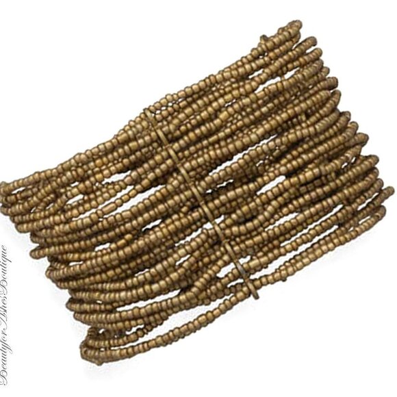 Tan Brown Seed Bead Natural Multi Row Wide Fun Stretch Bracelet - Picture 1 of 2